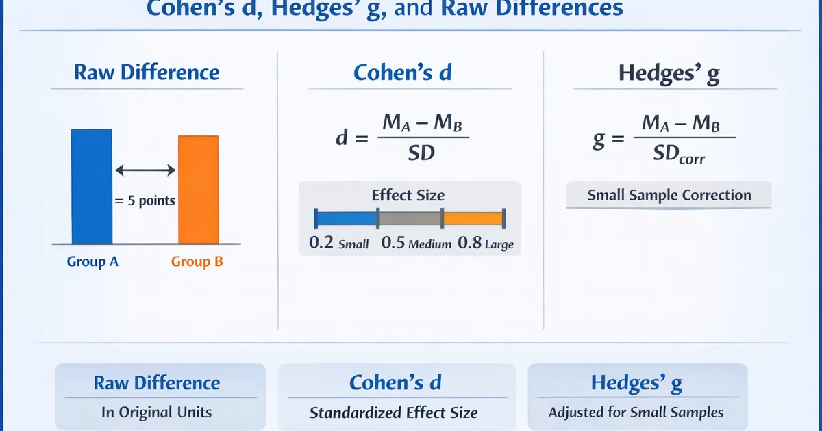 Effect Sizes for Mean Differences: Cohen's d, Hedges' g, and Raw Differences
